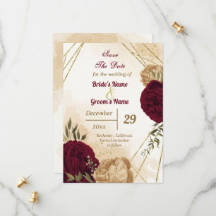 Maroon green beige gold botanical save the date