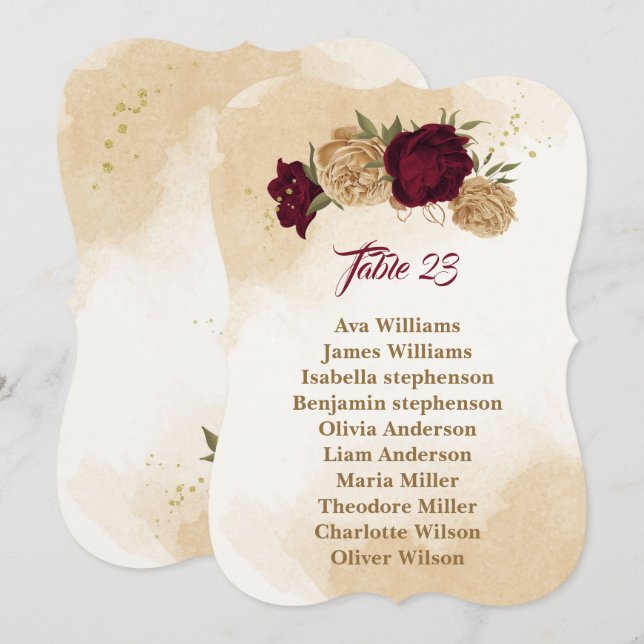 Maroon green beige gold botanical seating chart  invitation (Front/Back)