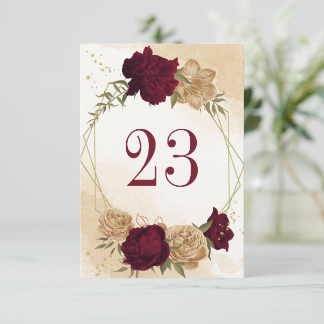 Maroon green beige gold botanical table number (Standing Front)