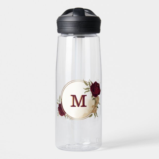Maroon green beige gold botanical water bottle (Front)