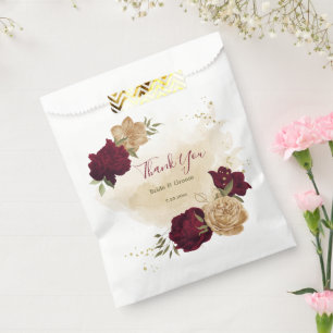 Maroon green beige gold botanical wedding favour bags