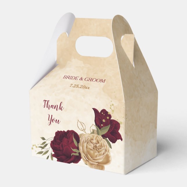 Maroon green beige gold botanical wedding favour box (Front Side)