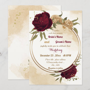 Maroon green beige gold botanical wedding invitation