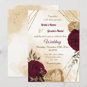 Maroon green beige gold botanical wedding invitation