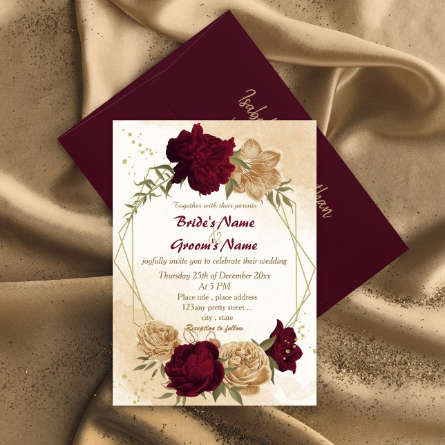 Maroon green beige gold botanical wedding invitation (Creator Uploaded)