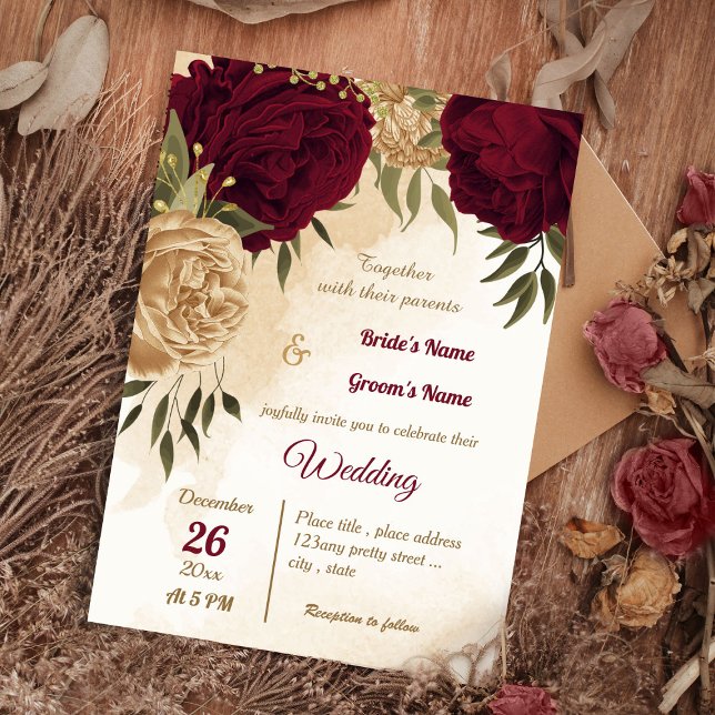 Maroon green beige gold botanical wedding invitation (Creator Uploaded)