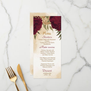 Maroon green beige gold botanical wedding menu