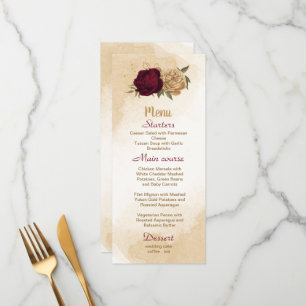 Maroon green beige gold botanical wedding menu