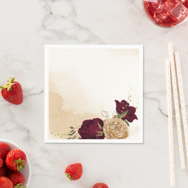 Maroon green beige gold botanical wedding napkin (Insitu)