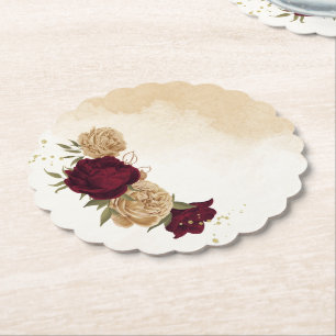 Maroon green beige gold botanical wedding paper coaster
