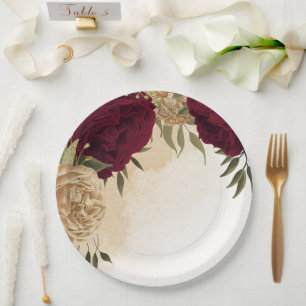 Maroon green beige gold botanical wedding paper plate