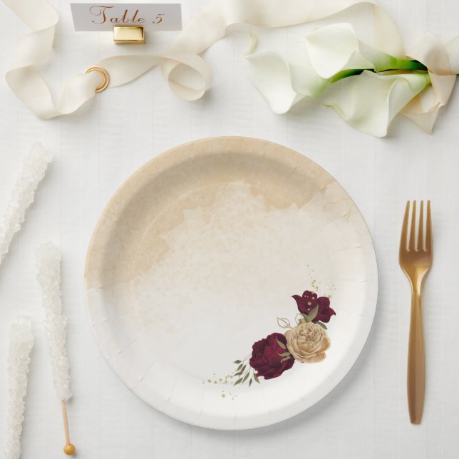 Maroon green beige gold botanical wedding paper plate (Wedding)