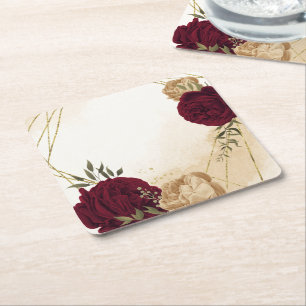 Maroon green beige gold botanical wedding square paper coaster