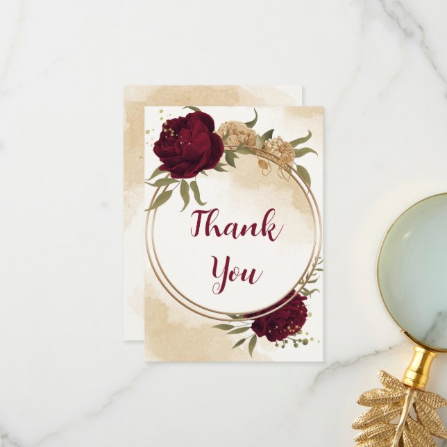 Maroon green beige gold botanical wedding thank you card (Front/Back In Situ)
