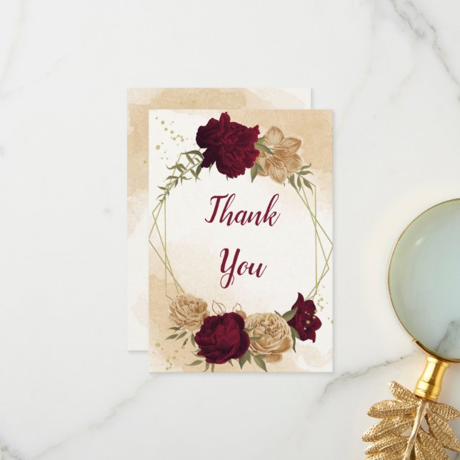 Maroon green beige gold botanical wedding thank you card (Front/Back In Situ)