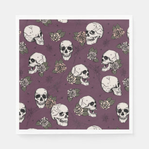Maroon Green Gothic Skulls and Roses Halloween Napkin
