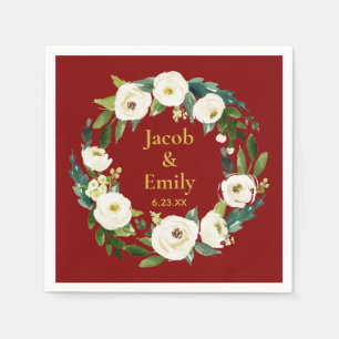 Maroon Greenery Personalised Names Date Wedding Napkin