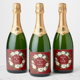 Maroon Greenery Personalised Names Date Wedding Sparkling Wine Label