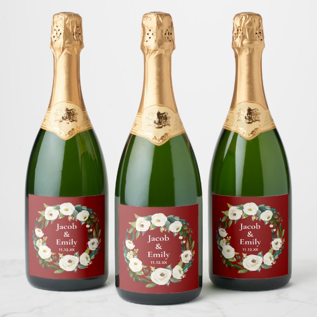 Maroon Greenery Personalised Names Date Wedding Sparkling Wine Label (Bottles)