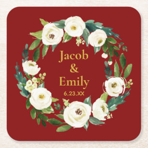 Maroon Greenery Personalised Names Date Wedding Square Paper Coaster