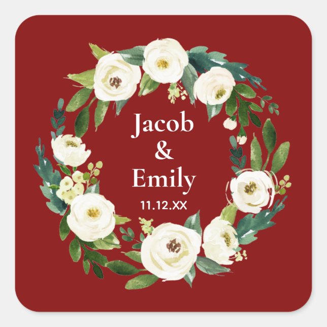 Maroon Greenery Personalised Names Date Wedding Square Sticker (Front)