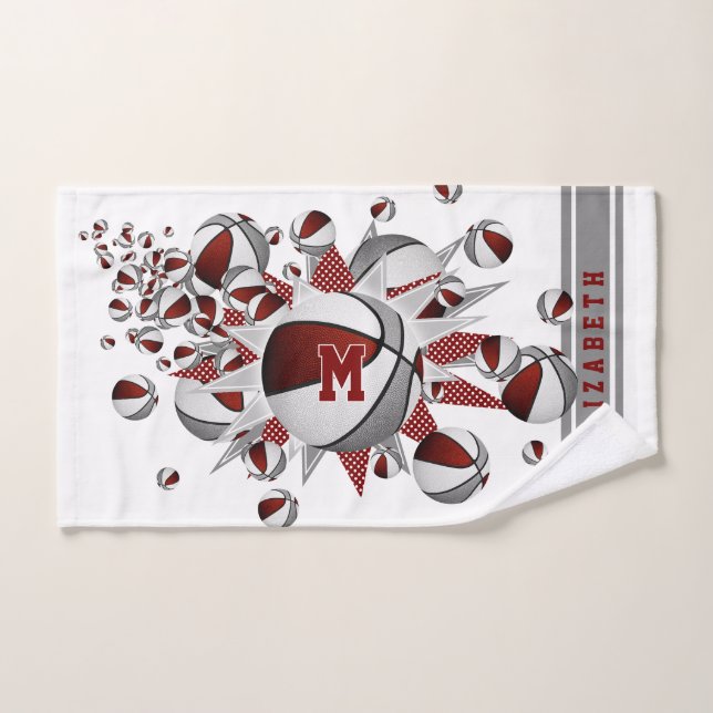 maroon grey basketballs stars girls monogrammed hand towel (Hand Towel)