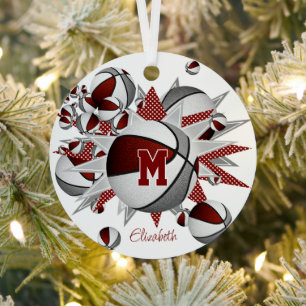 Maroon grey basketballs stars personalised  metal tree decoration
