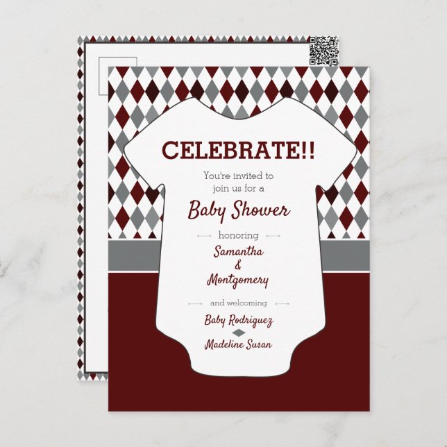 Maroon & Grey Blue Argyle Pattern Baby Shower Postcard (Front/Back)
