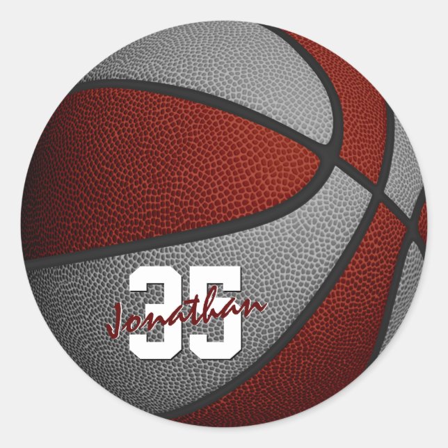 maroon grey boys girls basketball team colours classic round sticker (Front)