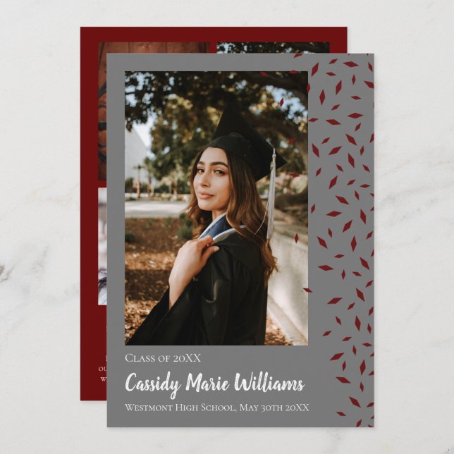 Maroon Grey Confetti Graduation Announcement (Front/Back)