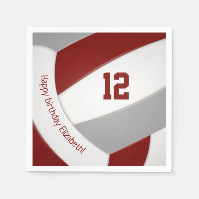 Maroon grey girls boys volleyball party napkin (Front)