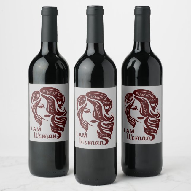 Maroon/Grey I Am Woman Personalised Wine Label (Bottles)