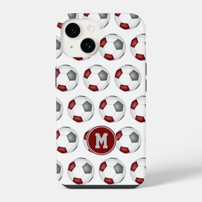 maroon grey soccer balls pattern monogrammed iPhone case (Back)