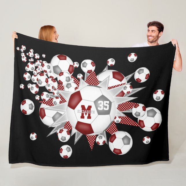 maroon grey soccer balls stars girls name fleece blanket (In Situ)