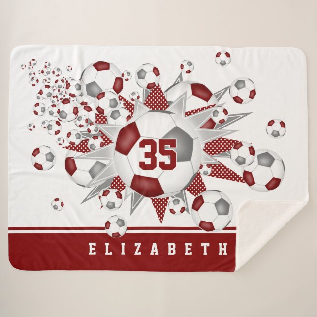 maroon grey soccer balls stars girls sports room sherpa blanket (Front (Horizontal))