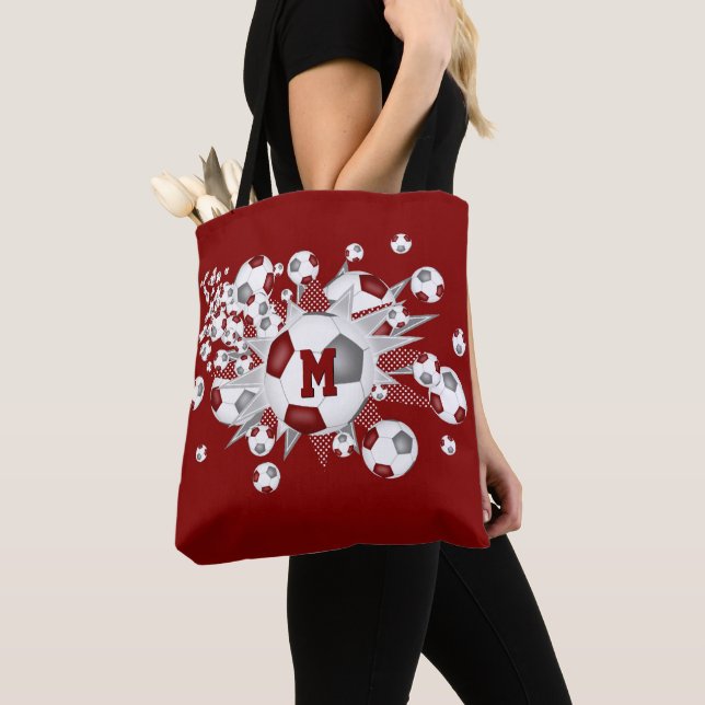 maroon grey soccer balls stars monogrammed tote bag (Close Up)