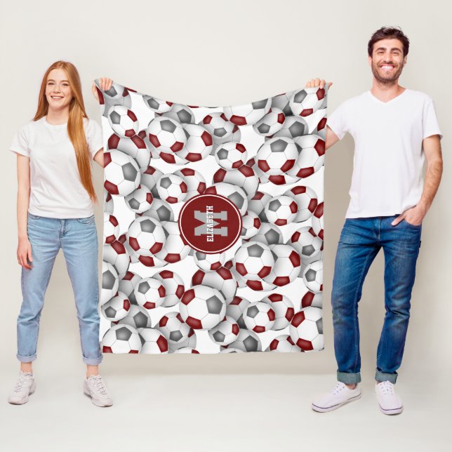 maroon grey team colours soccer balls pattern fleece blanket (In Situ)