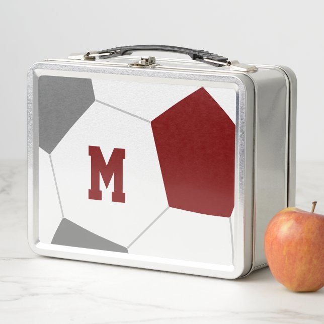 maroon grey team colours soccer player monogrammed metal lunch box (In Situ)