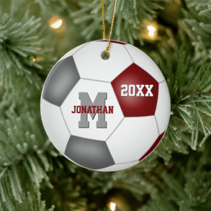 maroon grey team spirit boys girls keepsake soccer ceramic tree decoration