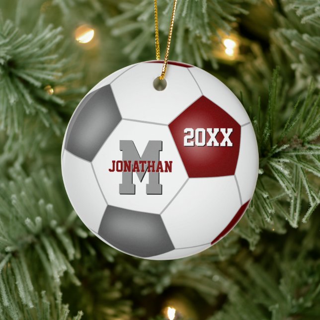 maroon grey team spirit boys girls keepsake soccer ceramic tree decoration (Tree)