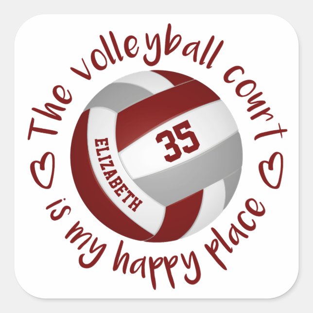 maroon grey volleyball happy place typography square sticker (Front)