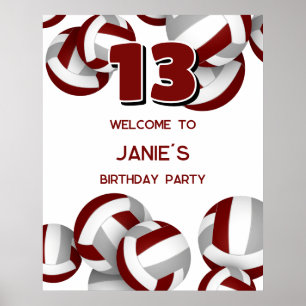 maroon grey volleyballs birthday party welcome poster