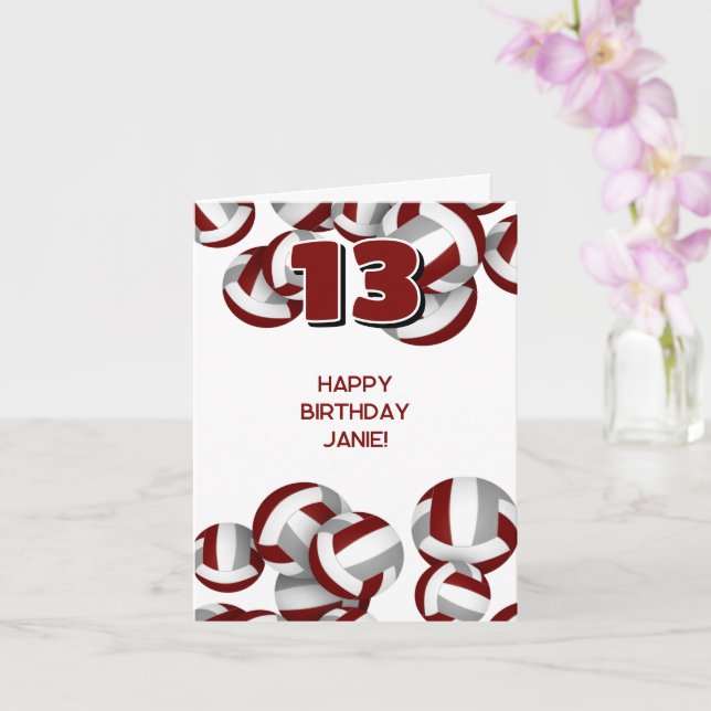 maroon grey volleyballs kids sports happy birthday card (Orchid)