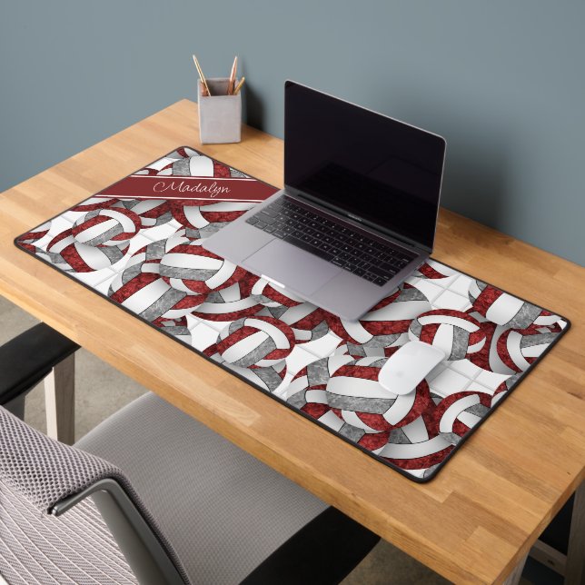 Maroon grey volleyballs pattern personalised  desk mat (Office 2)