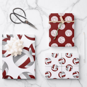 maroon grey volleyballs set of 3 coordinating wrapping paper sheet