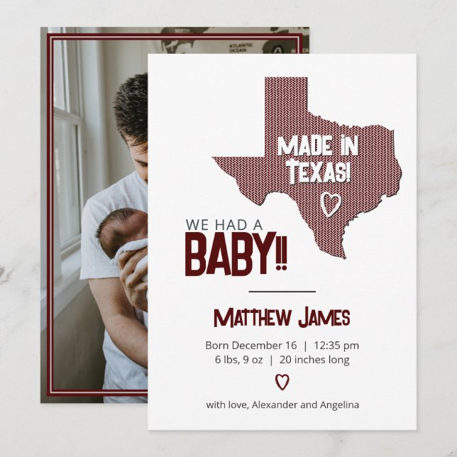 Maroon Herringbone Made in Texas Photo Baby Announ Announcement (Front/Back)