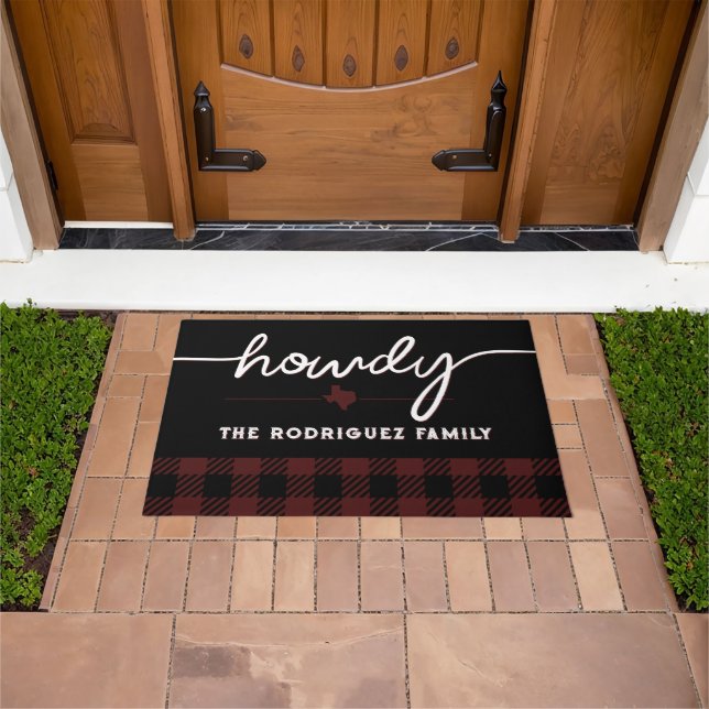 Maroon Howdy Buffalo Plaid Doormat (Outdoor)