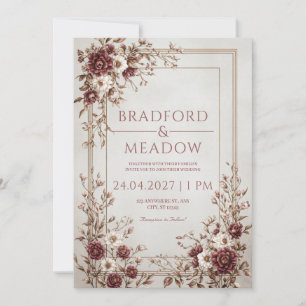 Maroon Ivory Copper Multi Line Frame Wedding Invitation