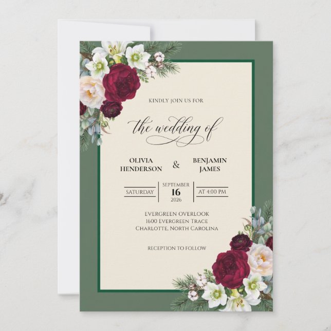 Maroon Ivory Leaf Wedding Invitation (Front)