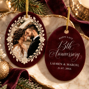 Maroon Lace Thirteenth Anniversary Couple Ceramic Tree Decoration